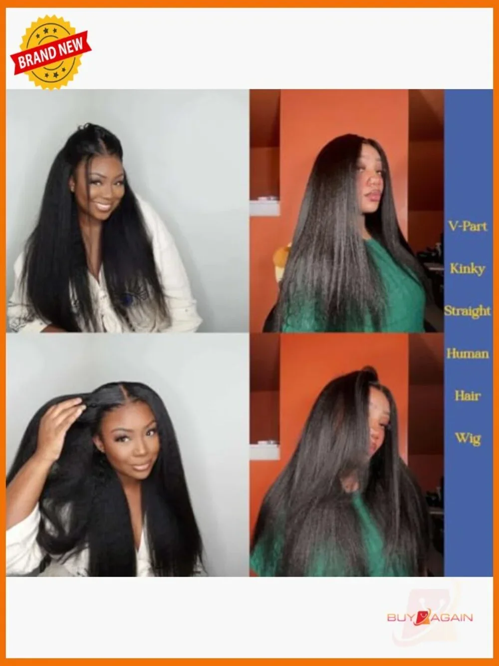 V Part Wig Human Hair Kinky Straight 250% Density Glueless Clip In Drawstring